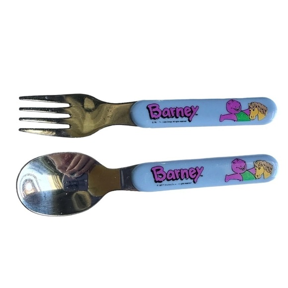 Vintage Barney 1997 Child Fork Spoon Set Utensils Yellow Horse Stainless Steel - Picture 1 of 7